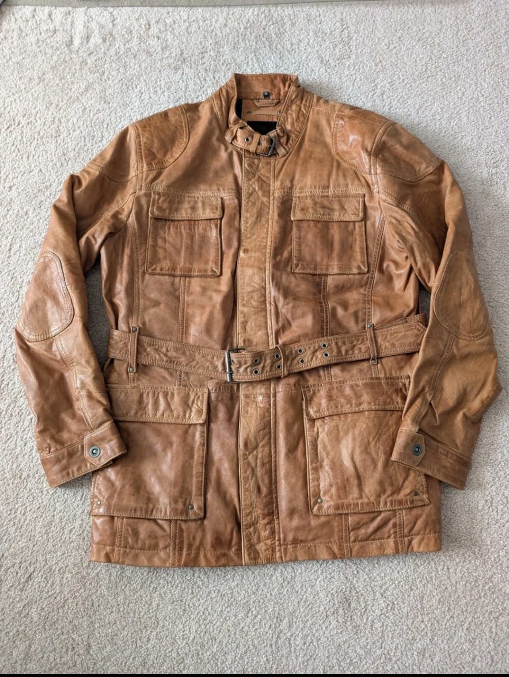 Barney's New York Brown Leather Belted British/Euro Style Biker Jacket Size XL